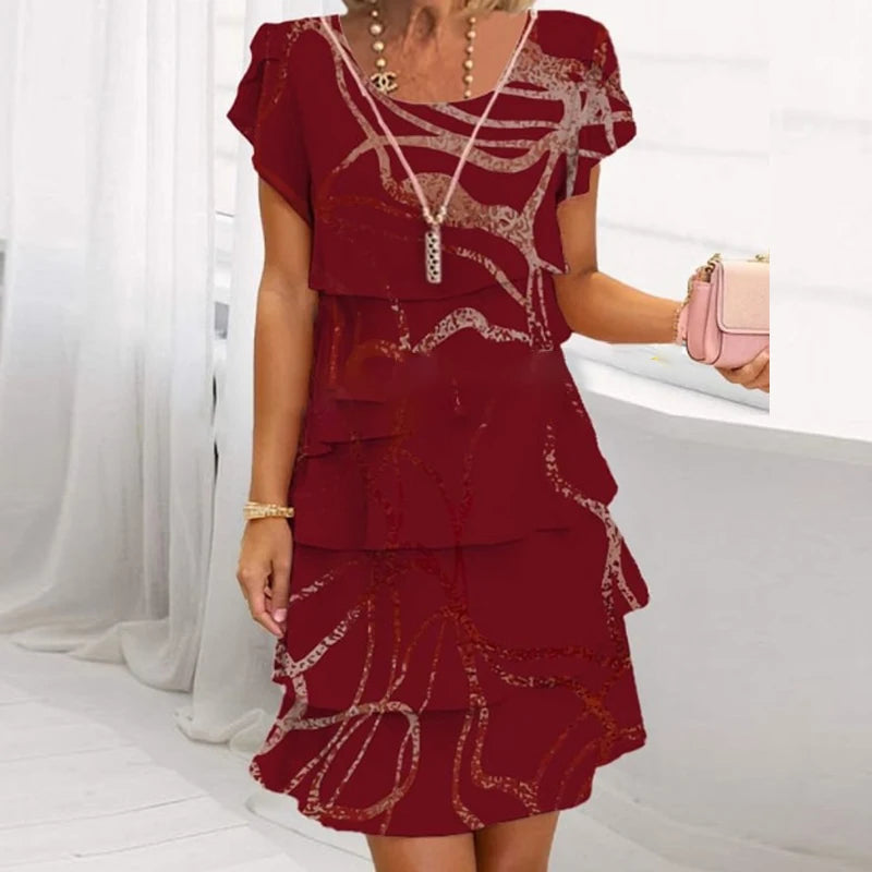 Abito Chiffon Stampato Floreale Chic Primavera Donna Elegante Collo A Giro Maniche Corte A-Line Abito da Festa