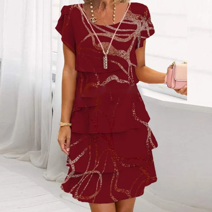 Abito Chiffon Stampato Floreale Chic Primavera Donna Elegante Collo A Giro Maniche Corte A-Line Abito da Festa