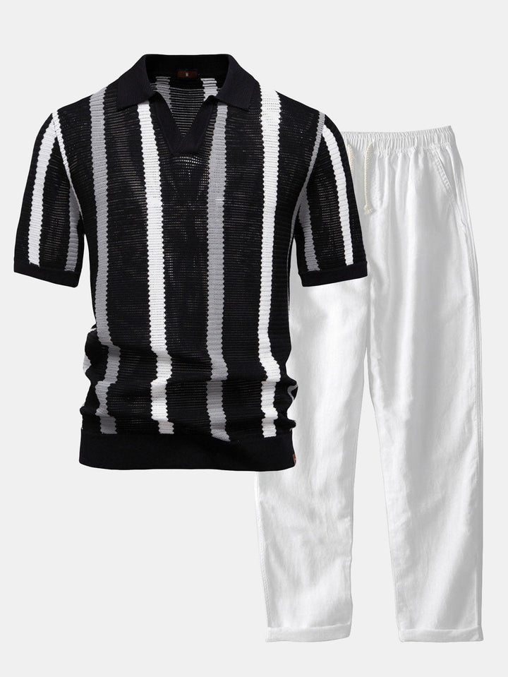 Polo a V in Maglia Stripe e Pantaloni in Lino a Gamba Dritta