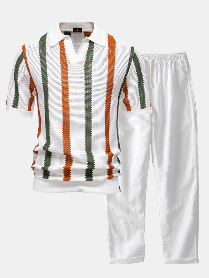 Polo a V in Maglia Stripe e Pantaloni in Lino a Gamba Dritta