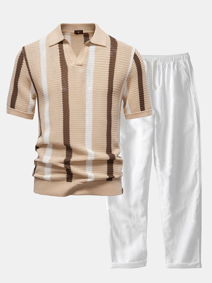 Polo a V in Maglia Stripe e Pantaloni in Lino a Gamba Dritta