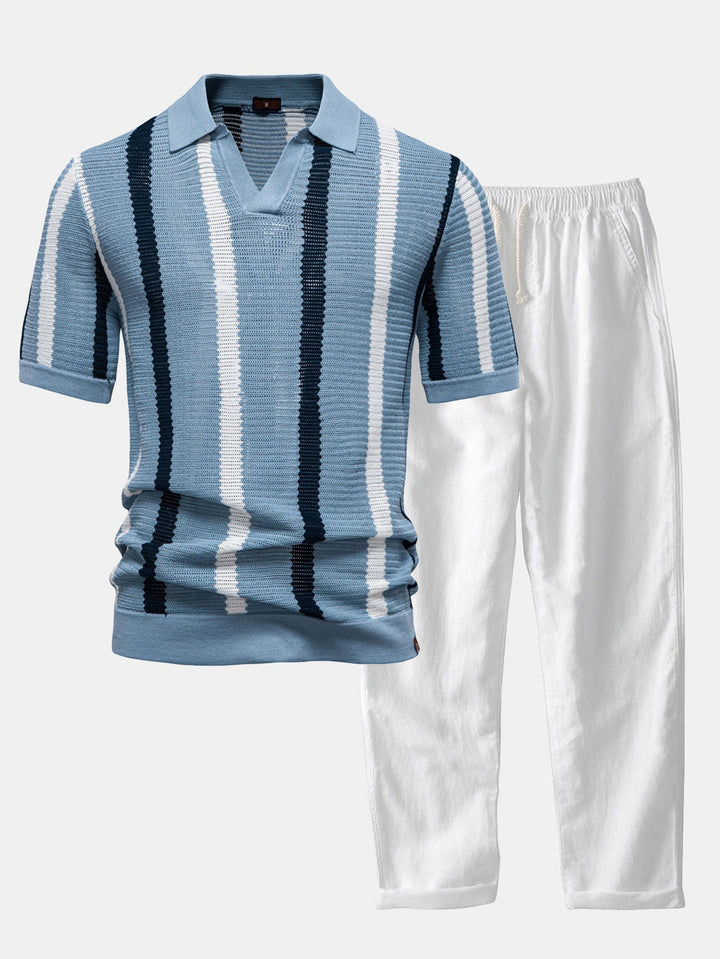 Polo a V in Maglia Stripe e Pantaloni in Lino a Gamba Dritta