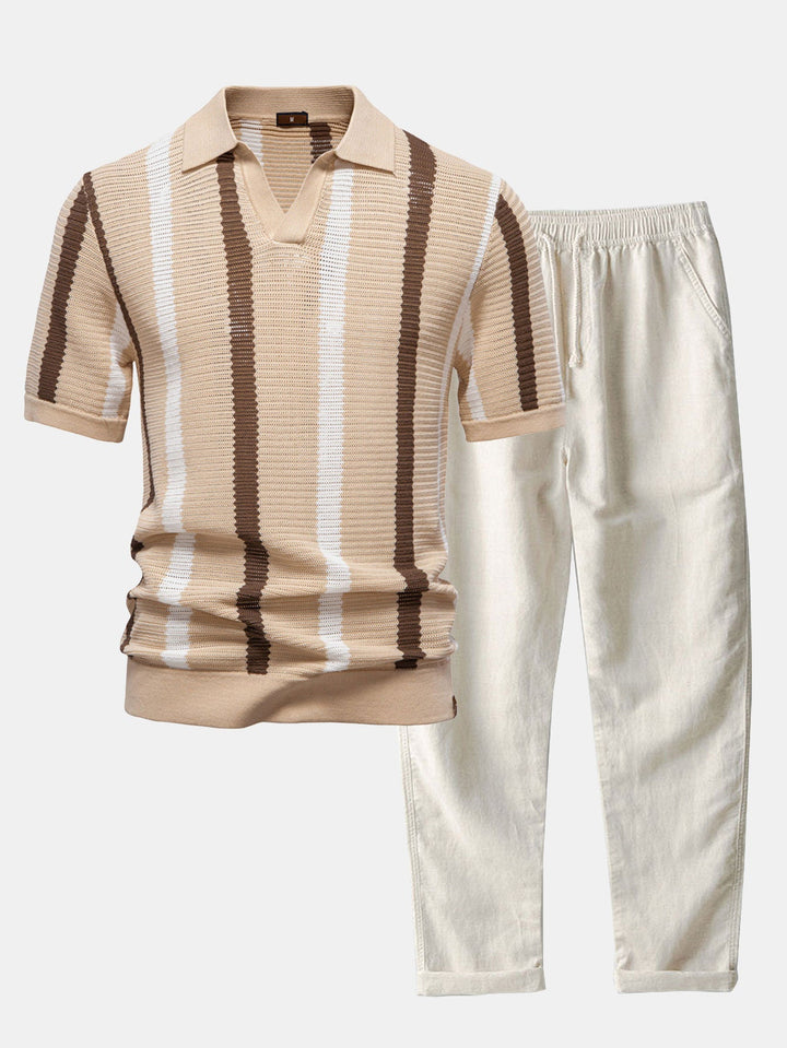 Polo a V in Maglia Stripe e Pantaloni in Lino a Gamba Dritta
