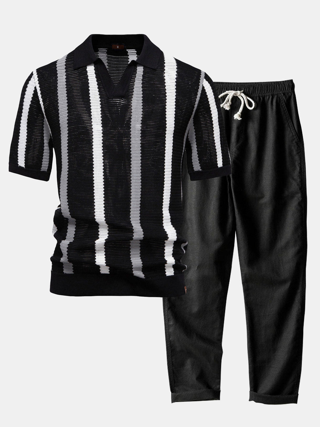 Polo a V in Maglia Stripe e Pantaloni in Lino a Gamba Dritta