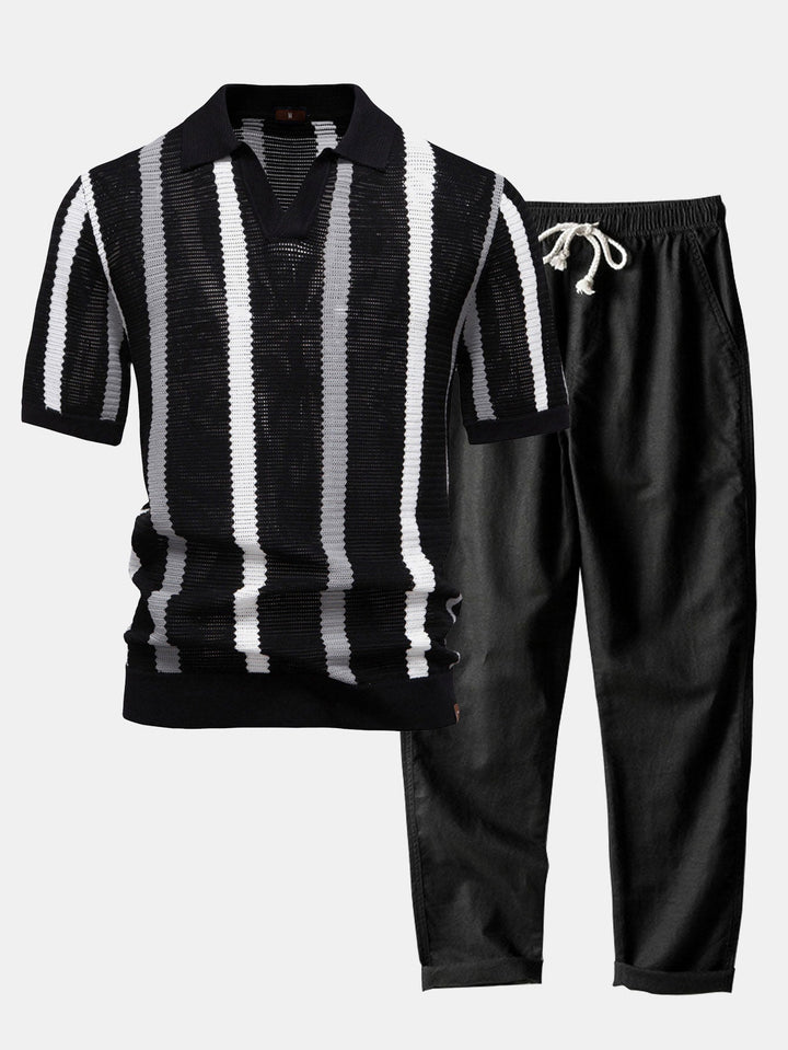 Polo a V in Maglia Stripe e Pantaloni in Lino a Gamba Dritta
