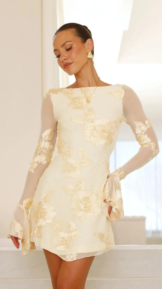 Cléa™ | Elegante Mini Abito con Ricami Floreali