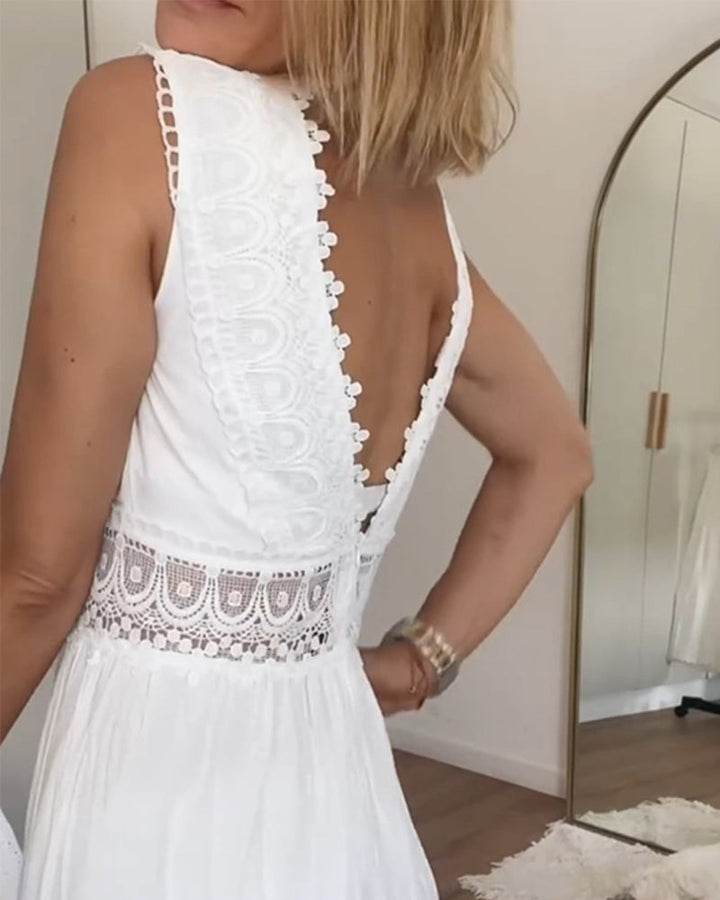 ALYSSA™ | Abito Midi Senza Maniche con Scollo a V e Raffinati Dettagli in Pizzo
