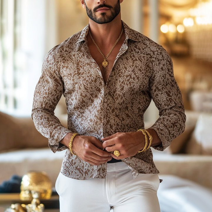 Camicia da Uomo Vintage con Stampa e Colletto a Revers a Maniche Lunghe