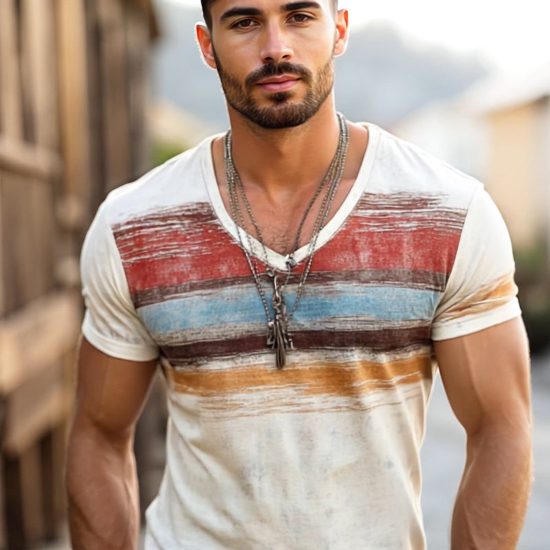 T-Shirt da Uomo Retro Casual Strappata a Righe con Stampa e Collo a V a Manica Corta