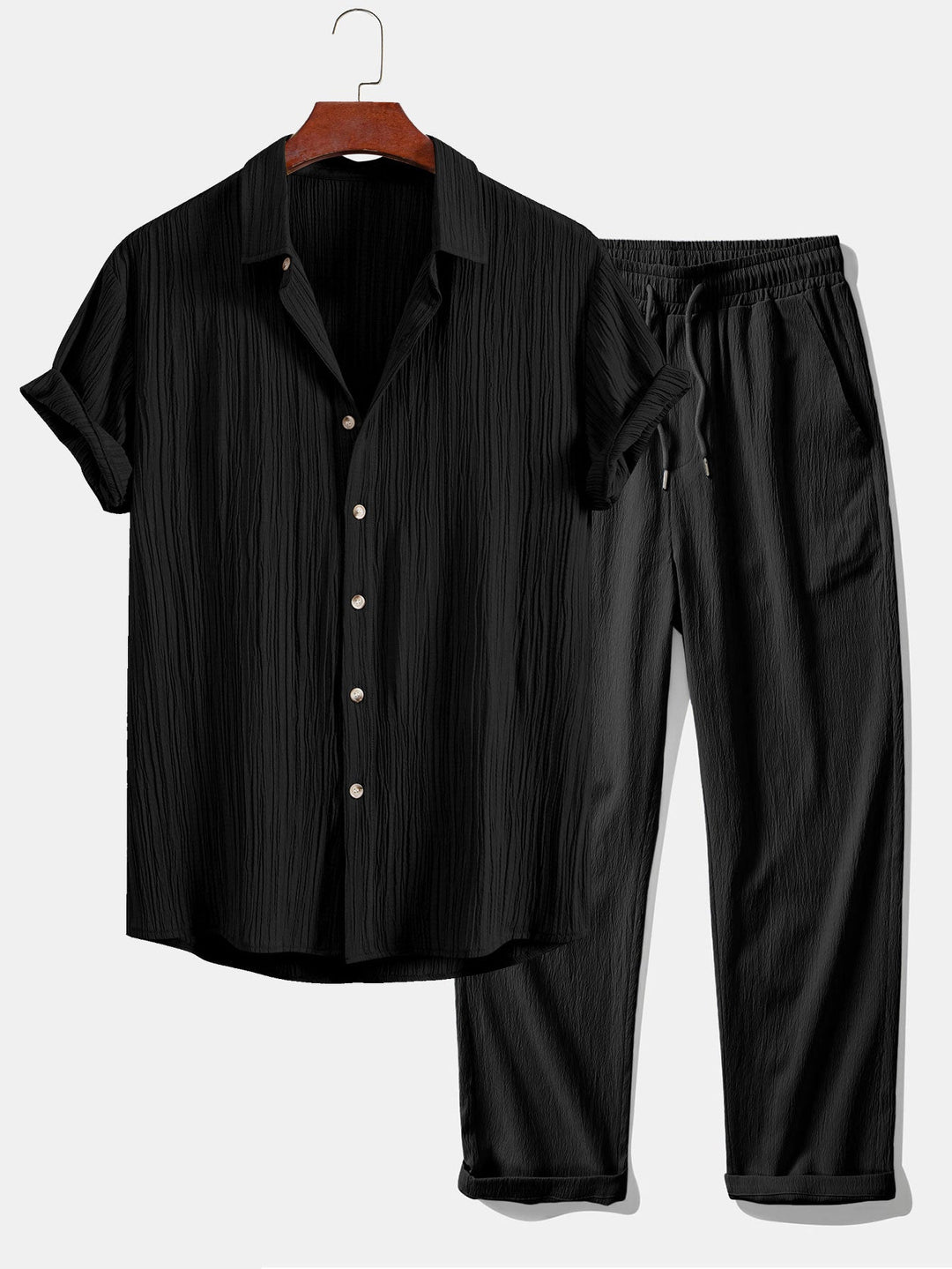 Camicia Button Up Texturizzata Stropicciata & Pantaloni Dritti in Tessuto Stropicciato