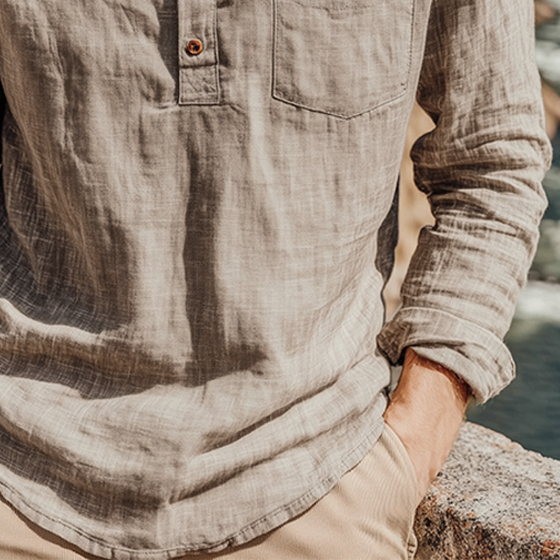Maglietta a Maniche Lunghe Casual Classica da Uomo in Cotone e Lino con Collo Henley per Primavera e Estate