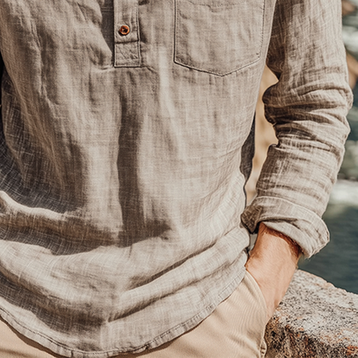 Maglietta a Maniche Lunghe Casual Classica da Uomo in Cotone e Lino con Collo Henley per Primavera e Estate