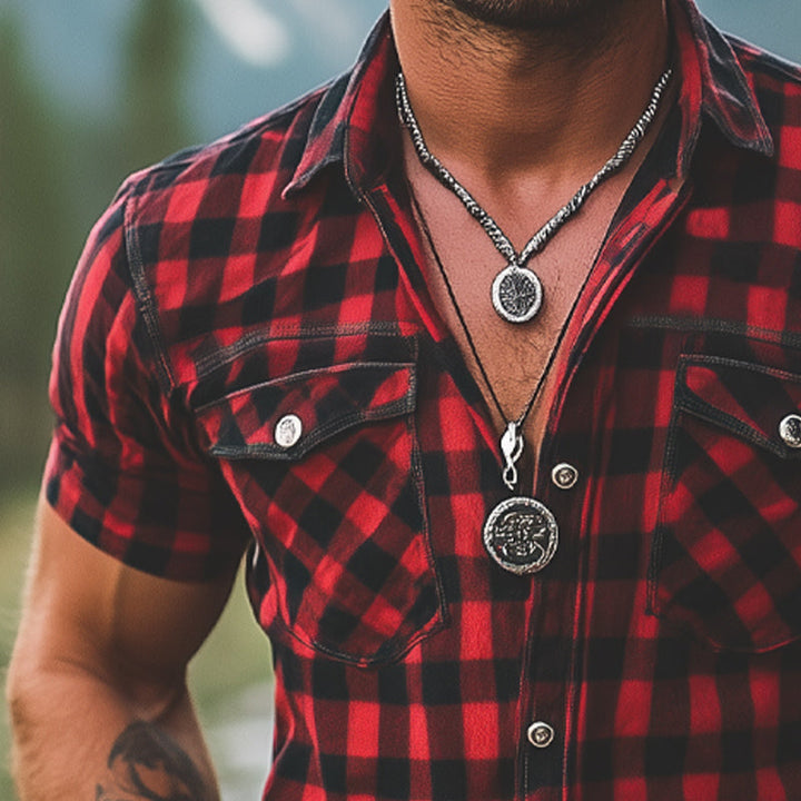 Camicia a Maniche Corte Estiva Retro a Quadri Rossa e Nera da Uomo