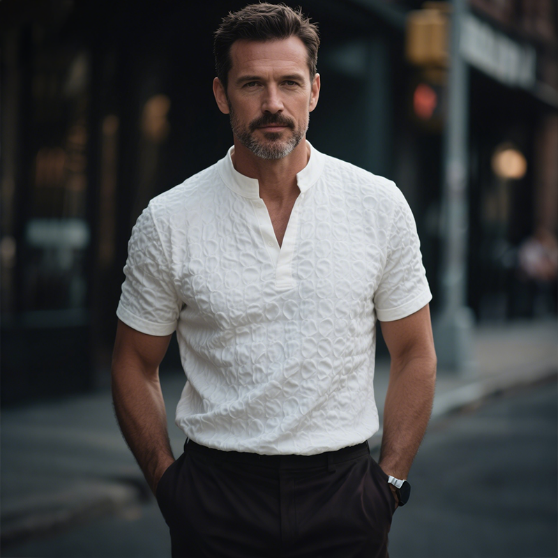 Camicia Casual Retro da Uomo in Crepe Bubble Monocromatica con Collo Stand e Maniche Corte