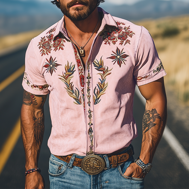 Camicia a maniche corte in suede ricamata in stile western retro moda primavera/estate da uomo