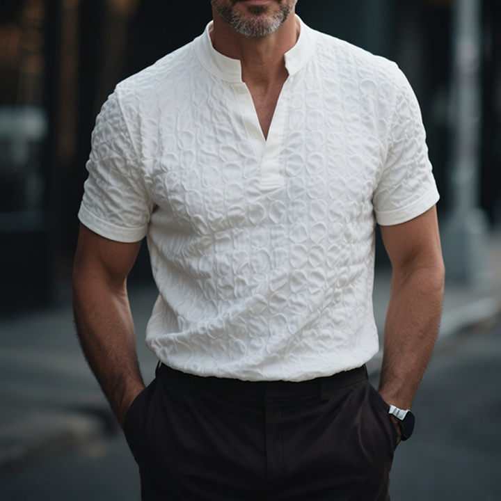 Camicia Casual Retro da Uomo in Crepe Bubble Monocromatica con Collo Stand e Maniche Corte