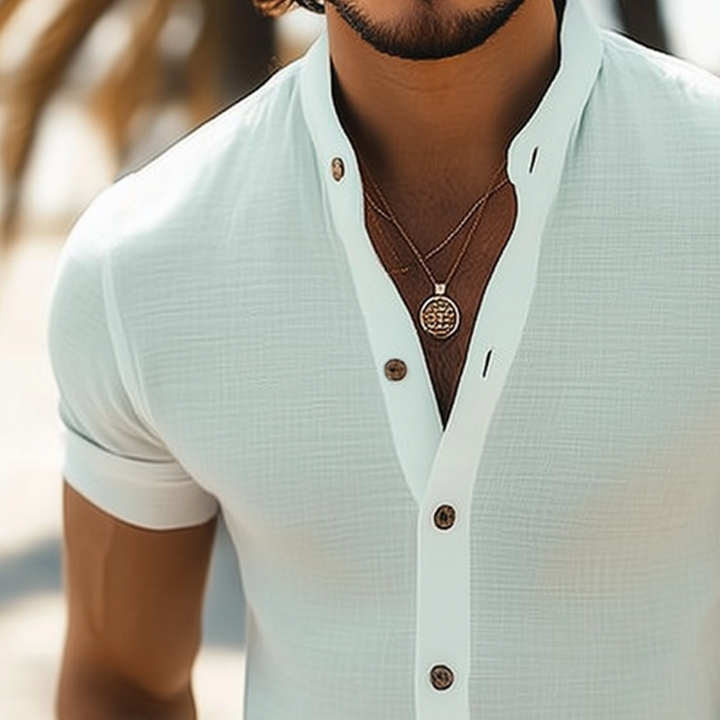 Camicia Estiva Basic da Uomo con Collo Alto e Maniche Corte Testurizzate