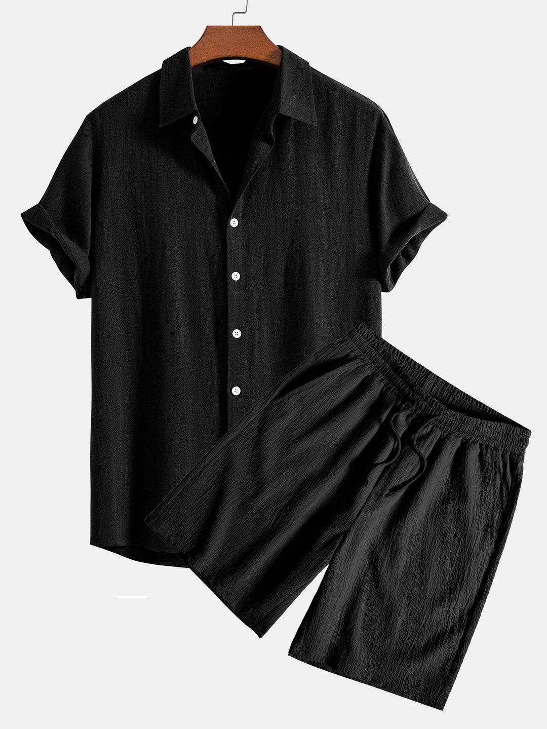 Camicia Button Up in Mistura di Lino e Rayon & Pantaloni Corti con Coulisse Testurizzati