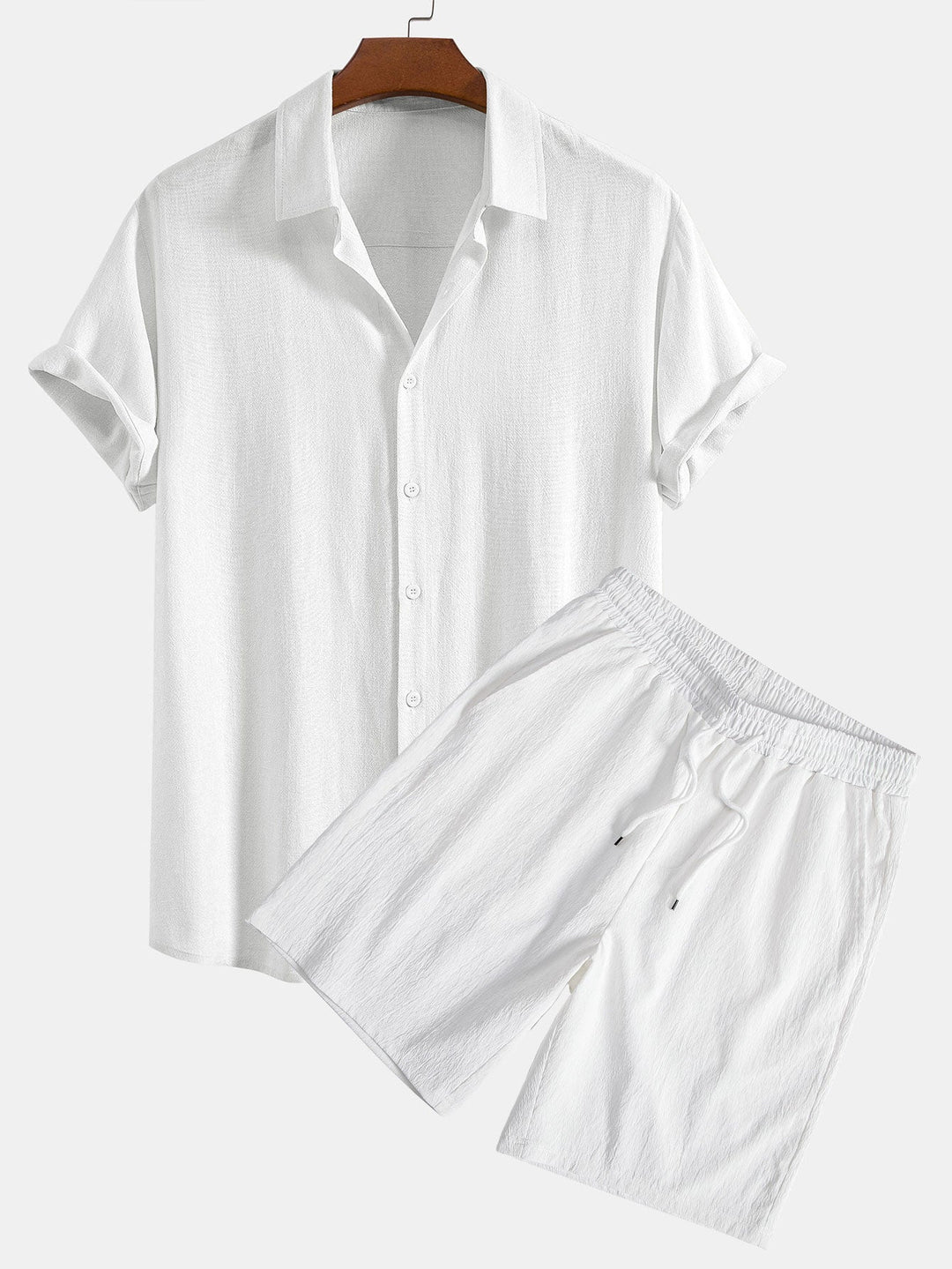 Camicia Button Up in Mistura di Lino e Rayon & Pantaloni Corti con Coulisse Testurizzati