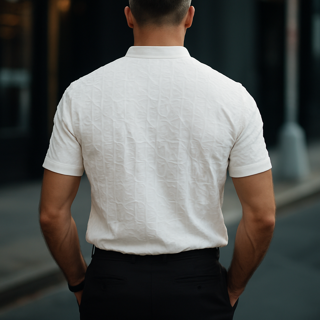 Camicia Casual Retro da Uomo in Crepe Bubble Monocromatica con Collo Stand e Maniche Corte