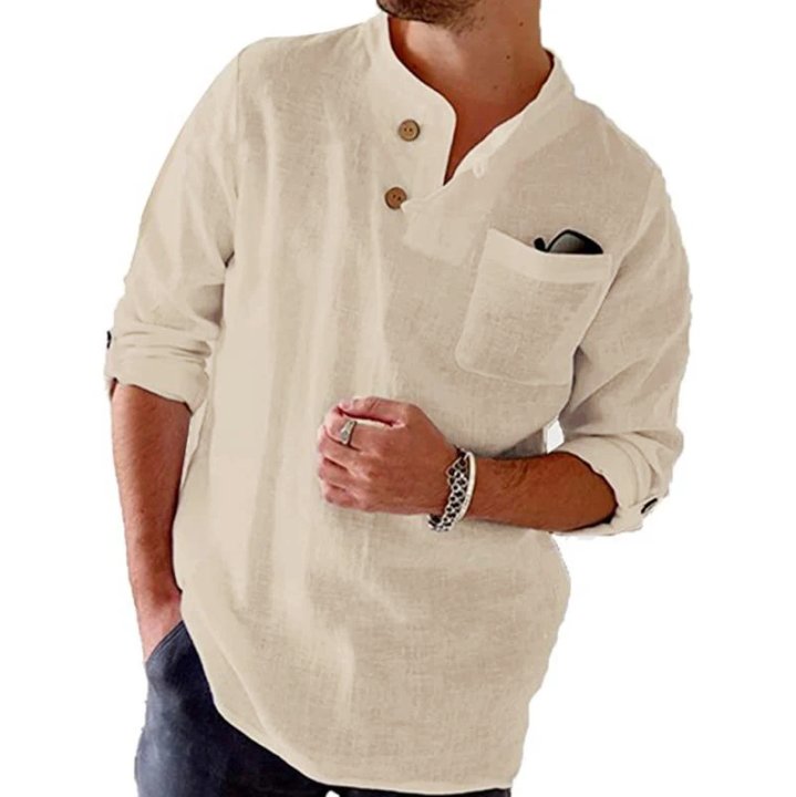 Camicia a maniche lunghe in cotone e lino da uomo, casual, a maniche arrotolate, colore solido