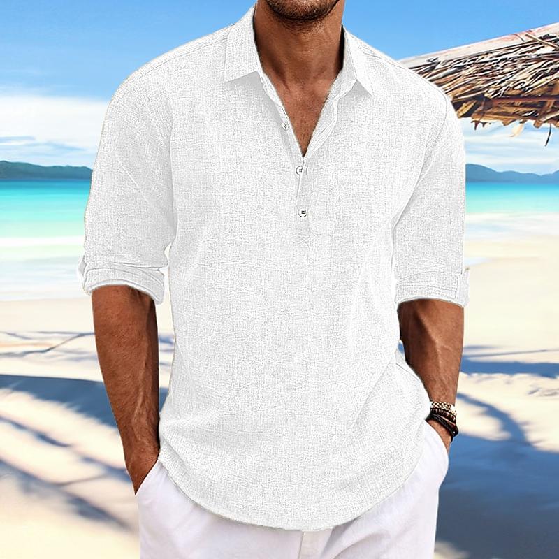 Maglietta a maniche lunghe in cotone e lino con colletto a revers e maniche arrotolabili per uomo