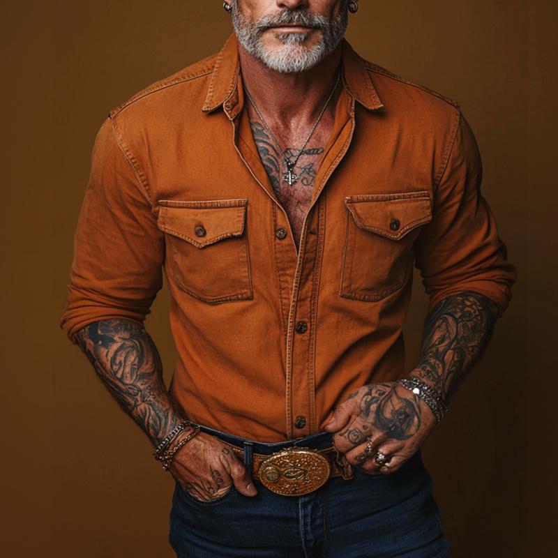 Camicia Casual Retro da Uomo con Tasche e Maniche Lunghe