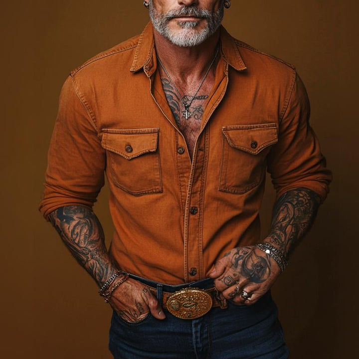 Camicia Casual Retro da Uomo con Tasche e Maniche Lunghe