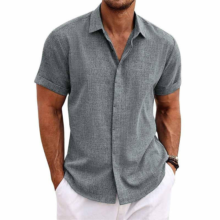 Camicia a maniche corte in cotone e lino con colletto a revers per uomo