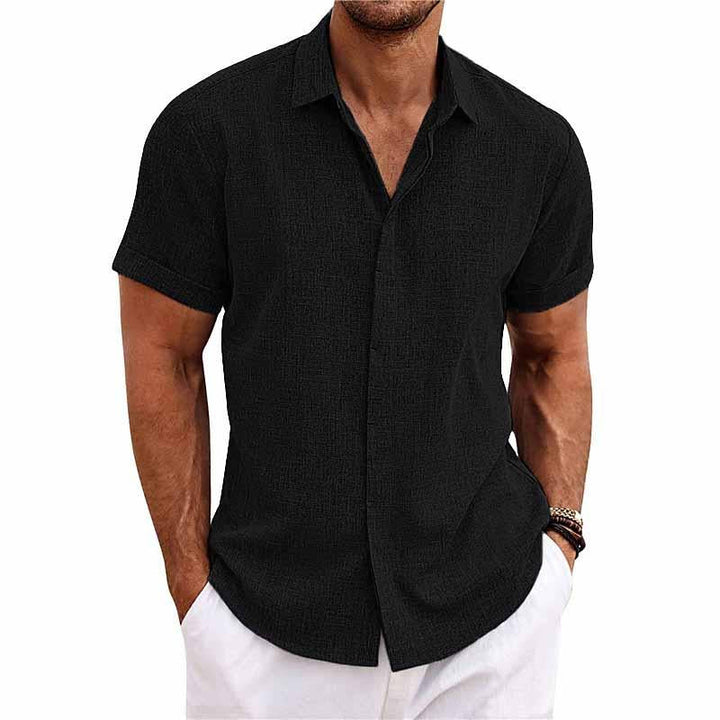 Camicia a maniche corte in cotone e lino con colletto a revers per uomo