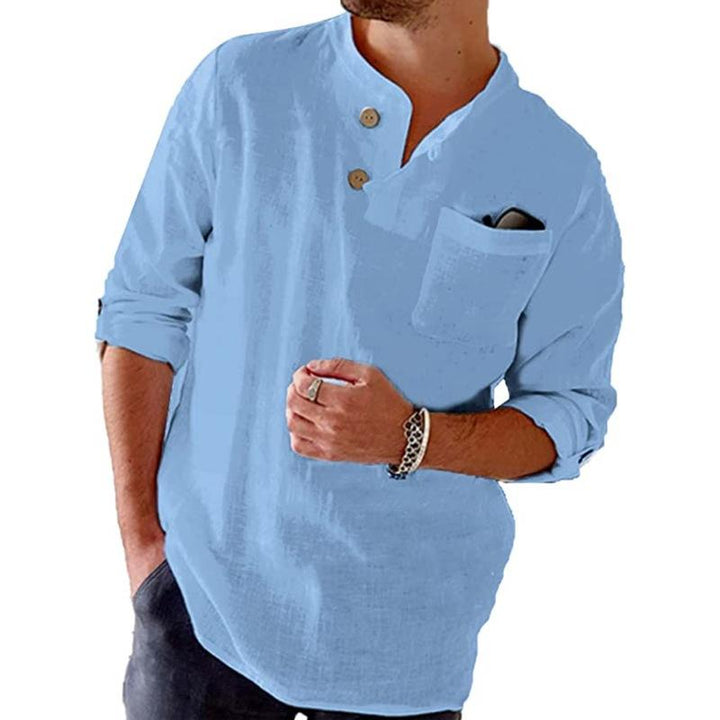 Camicia a maniche lunghe in cotone e lino da uomo, casual, a maniche arrotolate, colore solido