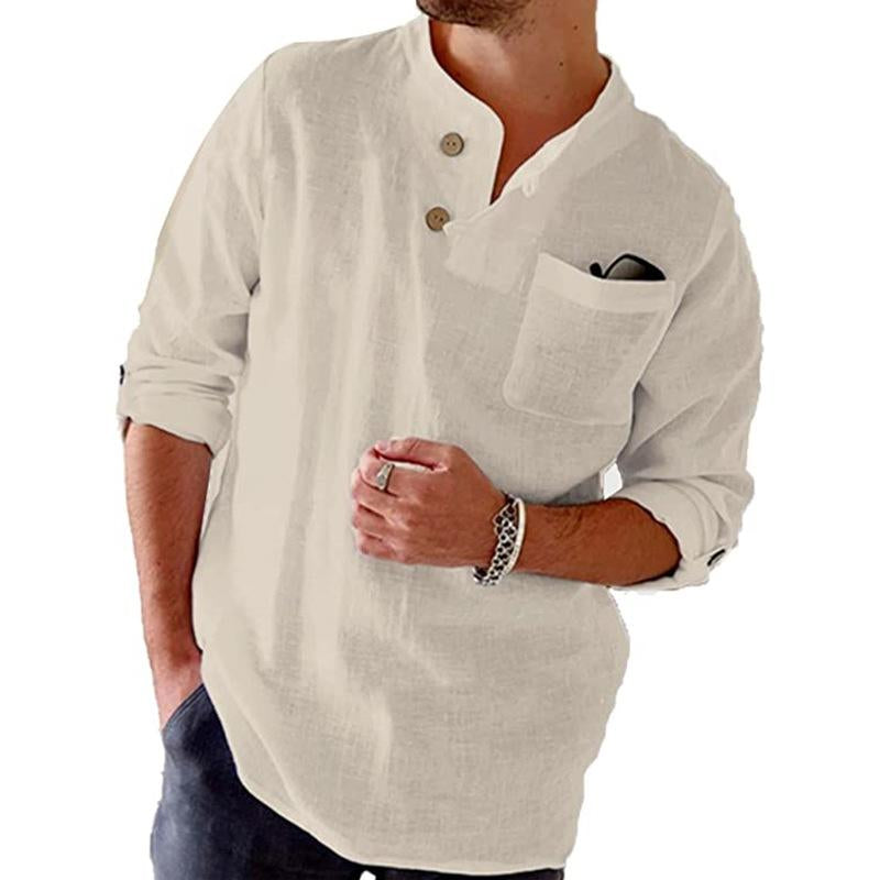 Camicia a maniche lunghe in cotone e lino da uomo, casual, a maniche arrotolate, colore solido