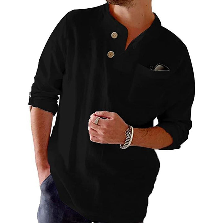 Camicia a maniche lunghe in cotone e lino da uomo, casual, a maniche arrotolate, colore solido