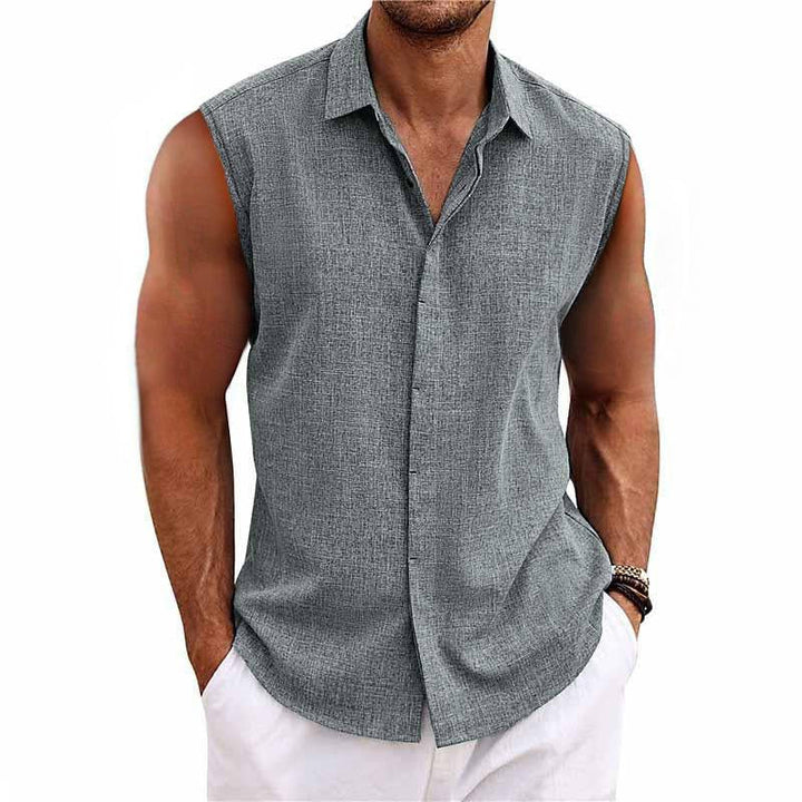 Camicia senza maniche in cotone e lino a tinta unita per uomo