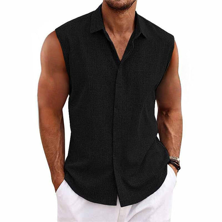 Camicia senza maniche in cotone e lino a tinta unita per uomo