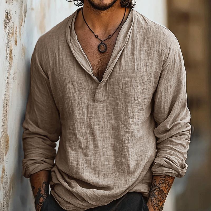 Camicia da uomo casual retro in cotone e lino a maniche lunghe