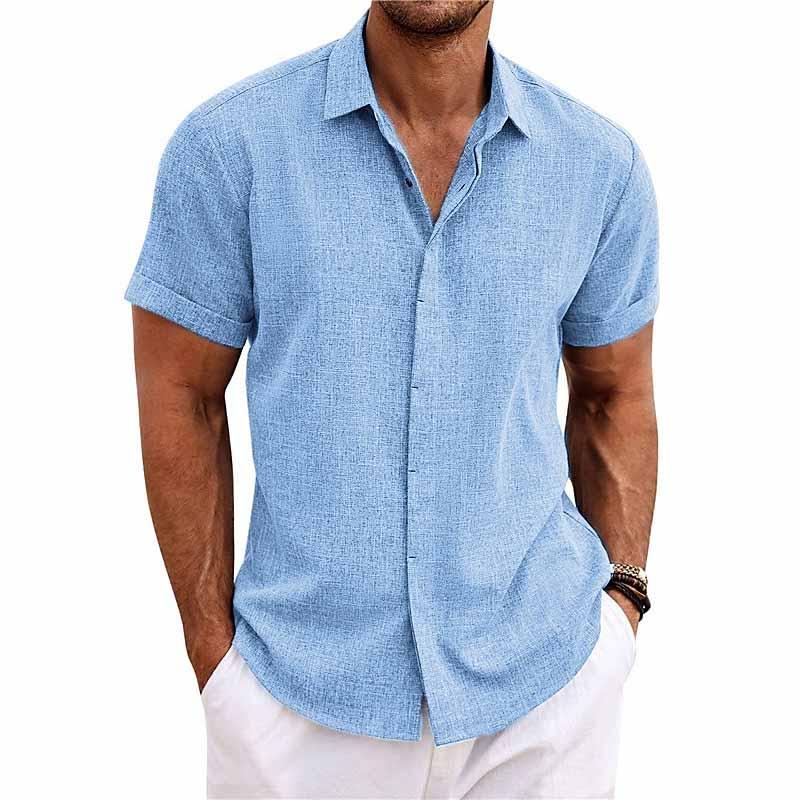 Camicia a maniche corte in cotone e lino con colletto a revers per uomo