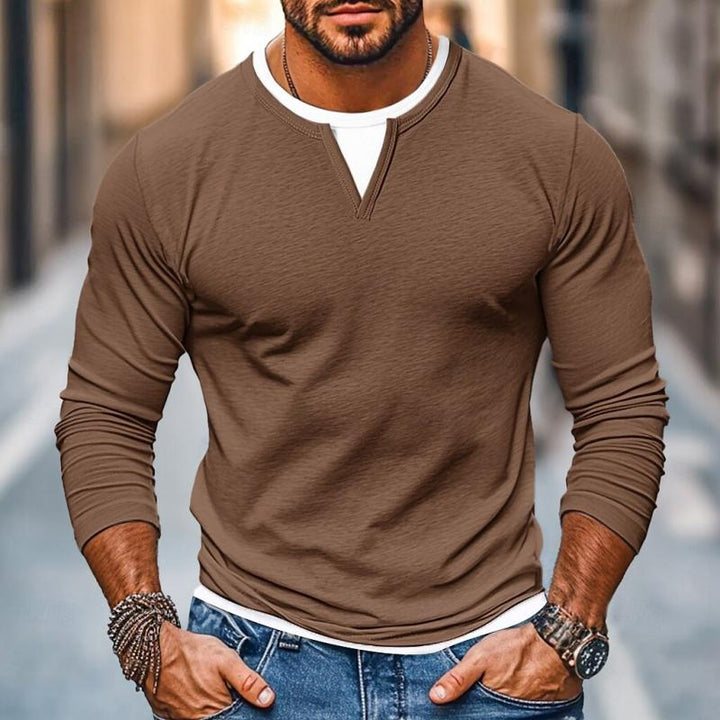 T-shirt a maniche lunghe V-neck a strati finta due pezzi per uomo, abbinamento colori casual