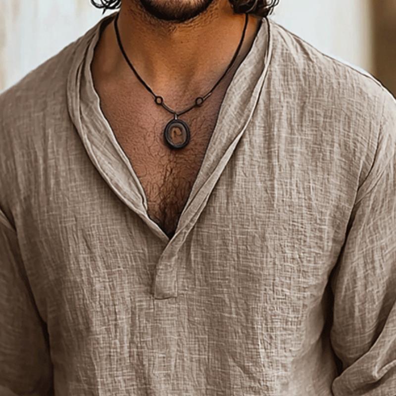 Camicia da uomo casual retro in cotone e lino a maniche lunghe