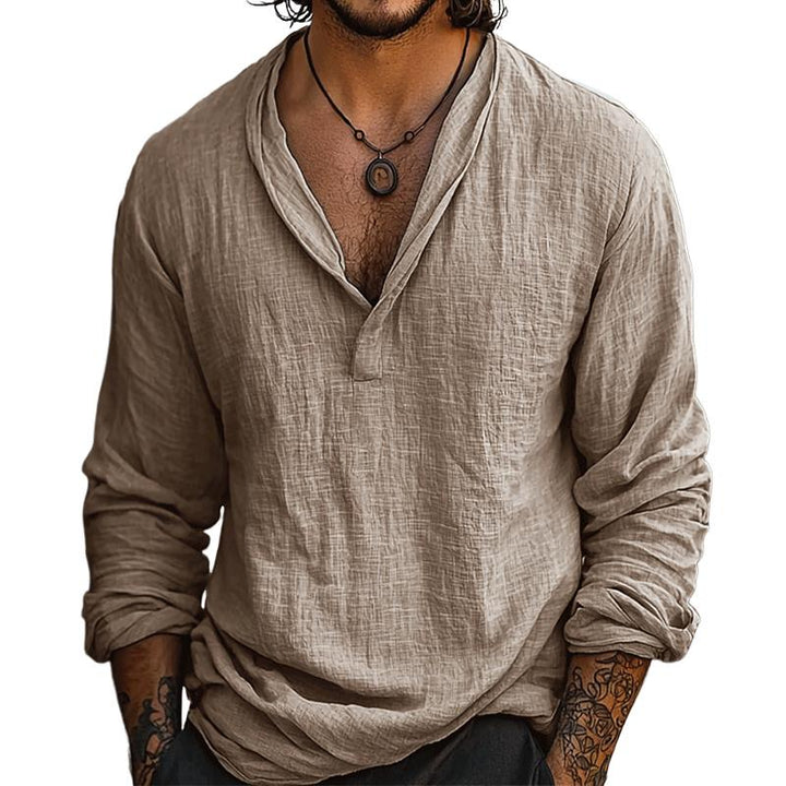 Camicia da uomo casual retro in cotone e lino a maniche lunghe