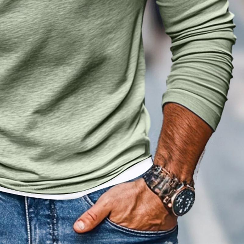 T-shirt a maniche lunghe V-neck a strati finta due pezzi per uomo, abbinamento colori casual