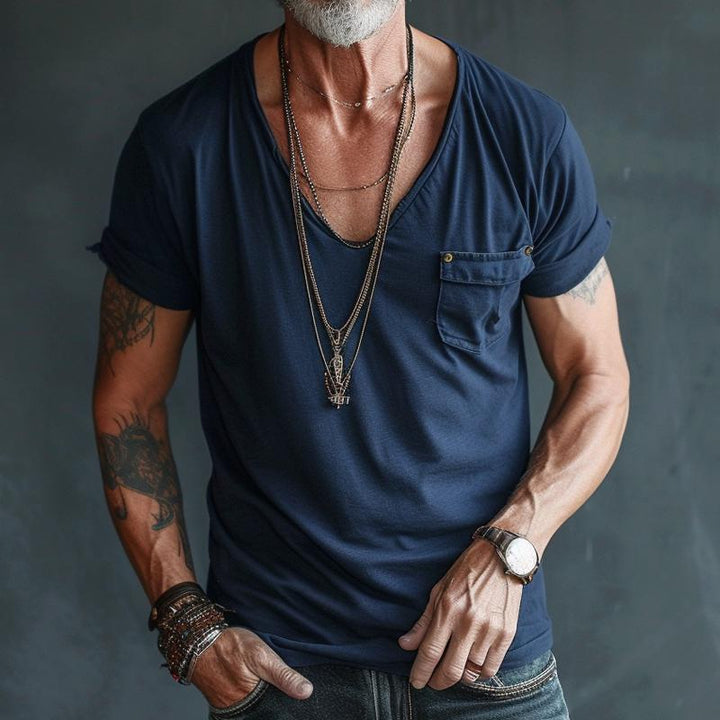 Maglietta Cargo a Maniche Corte con Scollatura a V e Tasca sul Petto da Uomo