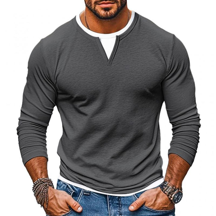 T-shirt a maniche lunghe V-neck a strati finta due pezzi per uomo, abbinamento colori casual