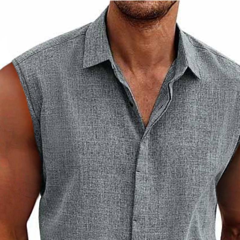 Camicia senza maniche in cotone e lino a tinta unita per uomo