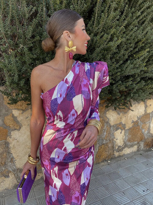 Yllana™ | Abito Midi Lilla con Spalla Unica e Maniche a Palloncino