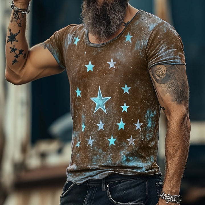 T-shirt da uomo in stile retro casual con stampa universo stellare, girocollo e maniche corte
