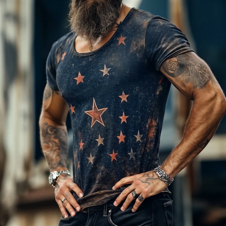 T-shirt da uomo in stile retro casual con stampa universo stellare, girocollo e maniche corte