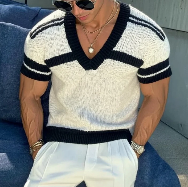 Maglione T-shirt a maniche corte da uomo in maglia jacquard a righe con scollo a V slim fit