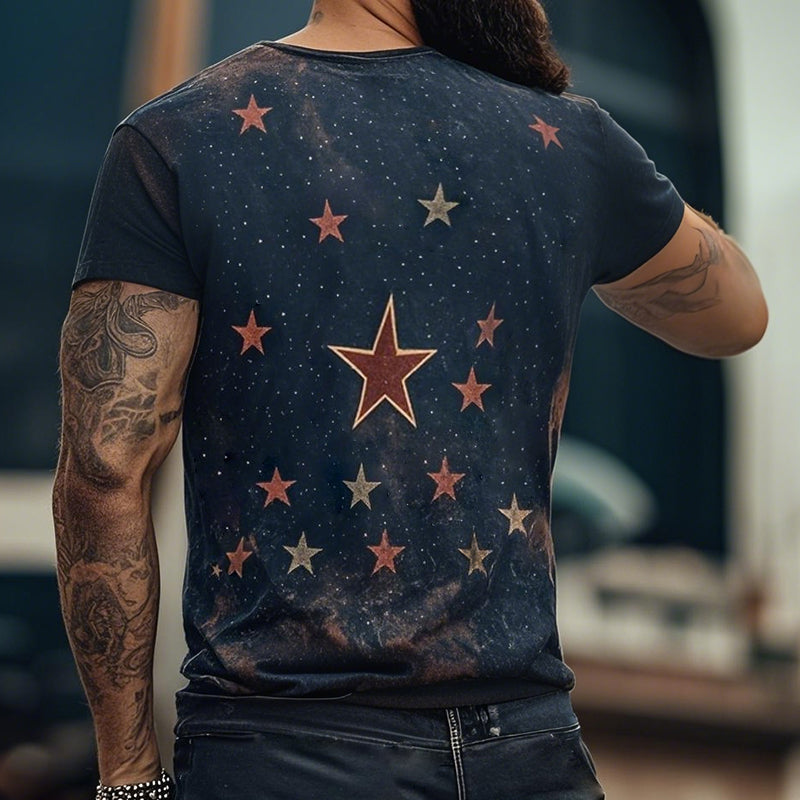 T-shirt da uomo in stile retro casual con stampa universo stellare, girocollo e maniche corte